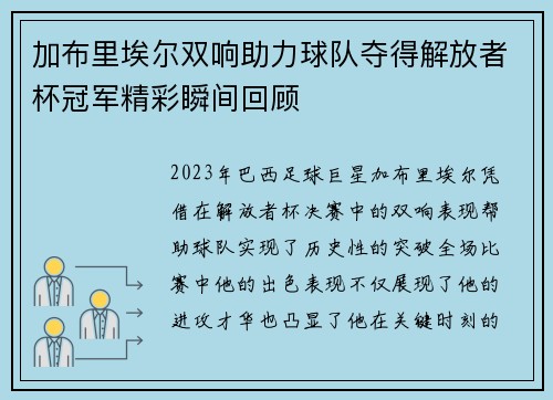 加布里埃尔双响助力球队夺得解放者杯冠军精彩瞬间回顾