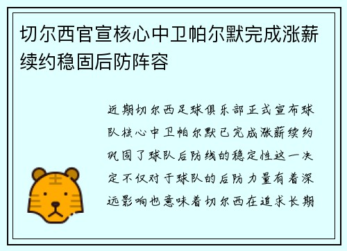 切尔西官宣核心中卫帕尔默完成涨薪续约稳固后防阵容
